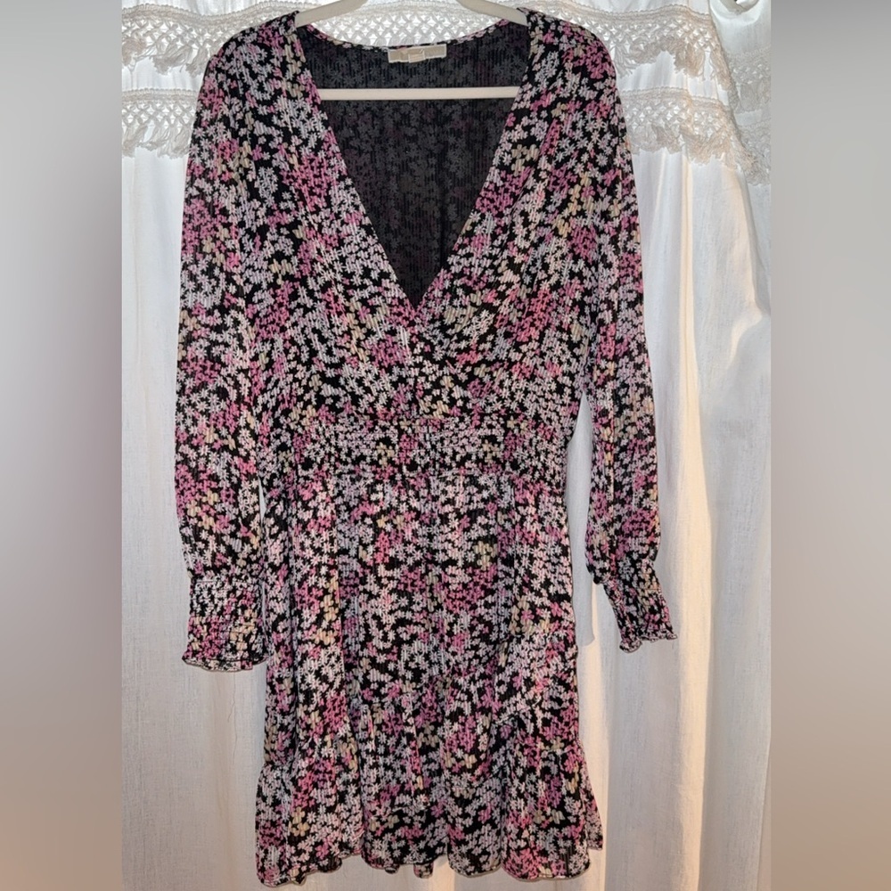 Michael Kors Black and Pink Floral Long Sleeve Dress